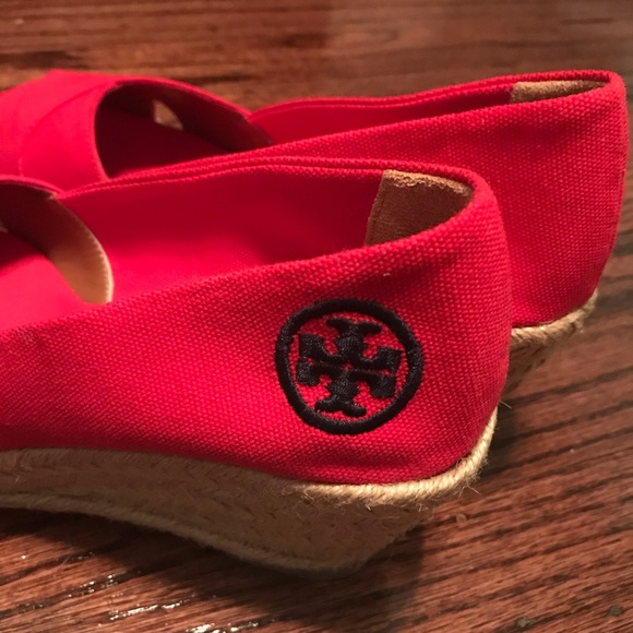 *SOLD*Tory Burch Red Canvas Peep Toe Wedges - Picture 5 of 8